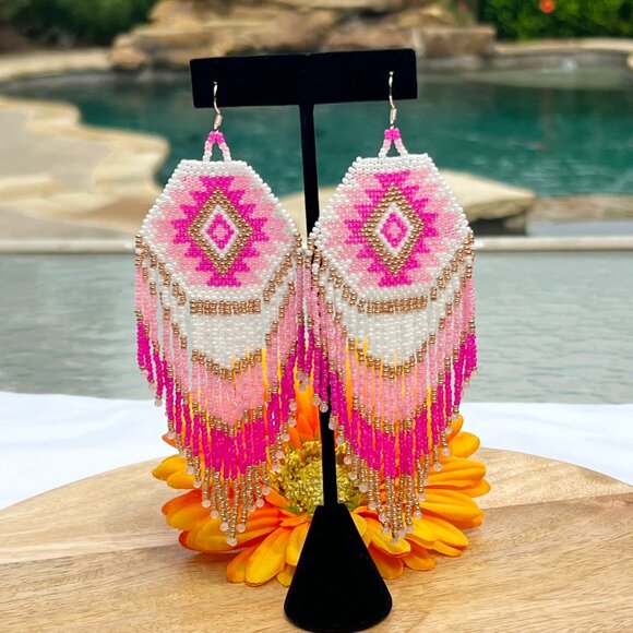 Handmade Beaded Native American Style Long & Large Fringe Dangle Drop Earrings - Picture 7 of 9